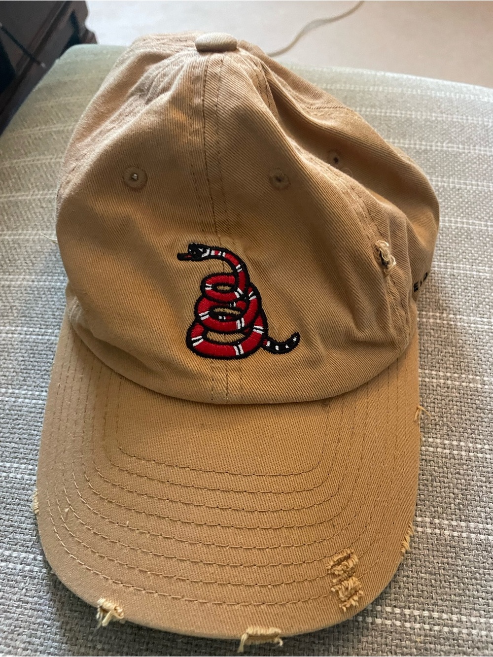 Field Grade Brand Tan Baseball Cap with Red Coiled Snake Embroidery